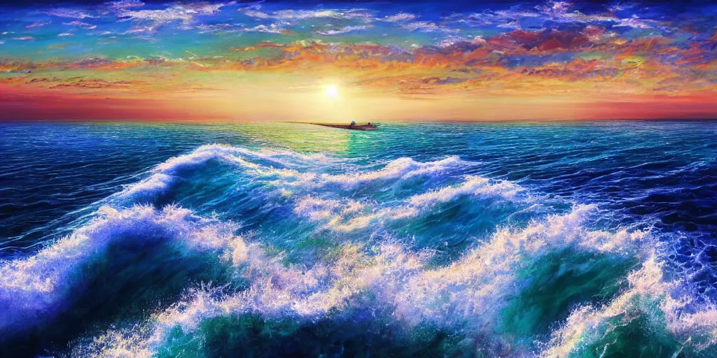 Prompt: Splitting Sea :: Even if our mouths where filled with song and praise like the ocean, and our tongues full of joy like it’s manny waves we could never reach Your praise, surrealism, musical notes, EPIC ,beautiful sea landscapes, Very colorful painting 8k trending on art station, Intricate details, very realistic, cinematic lighting, volumetric lighting,