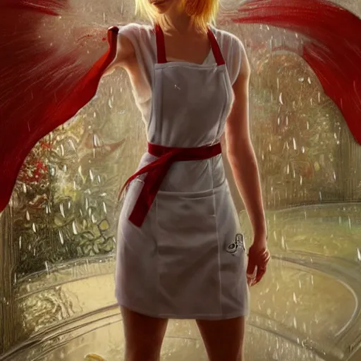 Image similar to elf woman standing in rain, short blonde hair, red and white chef's apron, sharp focus, intricate, smooth, ultra realistic digital art, elegant, by artgerm, greg rutkowski, raymond swanland, alphonse mucha