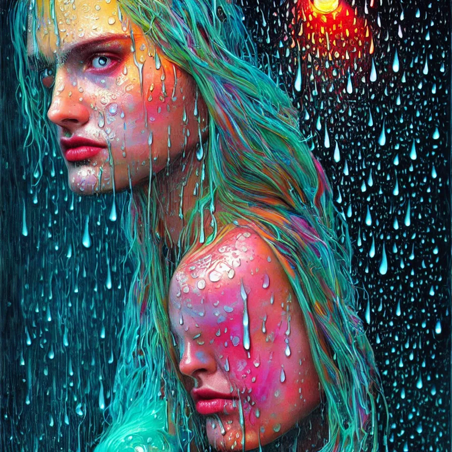 Image similar to bright asthetic portrait of LSD in rain with wet hair and face, liquid, fantasy, intricate, elegant, dramatic lighting, highly detailed, lifelike, photorealistic, digital painting, artstation, illustration, concept art, smooth, sharp focus, art by John Collier and Albert Aublet and Krenz Cushart and Artem Demura and Alphonse Mucha