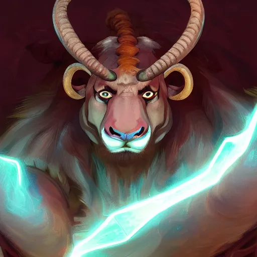 Image similar to Portrait of an antropomorphic ram warrior, long ram horns and dark brown goatee, fierce and wild look, mattepainting concept Blizzard pixar maya engine on stylized background splash comics global illumination lighting artstation lois van baarle, ilya kuvshinov, rossdraws