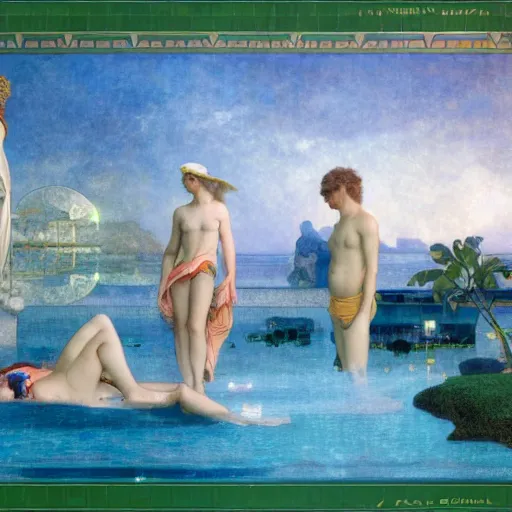 Prompt: Floating palace, refracted sparkles of the moon, thunderstorm, greek pool, beach and Tropical vegetation on the background major arcana sky, by paul delaroche, alphonse mucha and arnold böcklin, hyperrealistic 8k, award-winning, very very very detailed