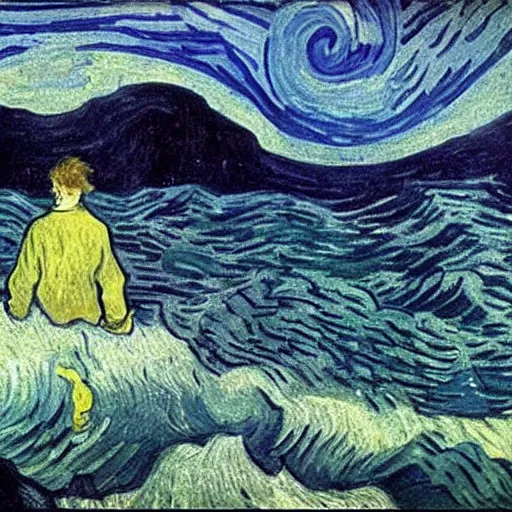 Image similar to a guy with white hoodie drowning in the abyss of the sea, very deep, by van gogh