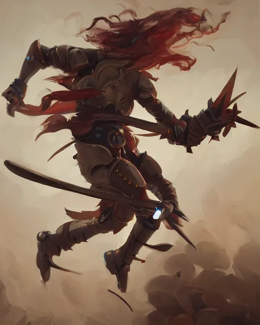 Prompt: action portrait of a knight dancing with swords, 4K trending on artstation by peter mohrbacher