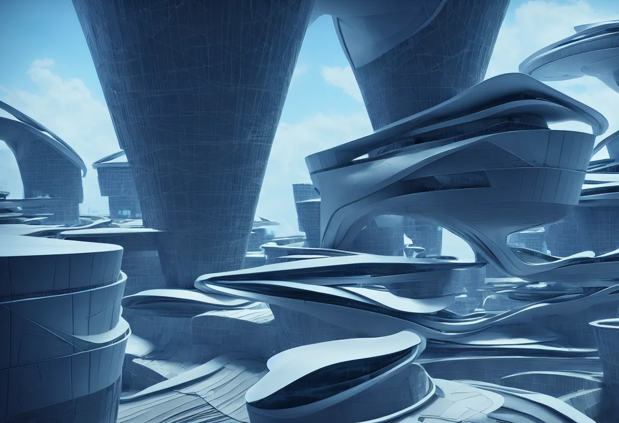 Prompt: futuristic architecture by zaha hadid, multi storey, cinematic shot, unreal engine, photorealistic, octane render