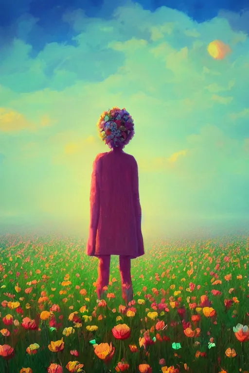 Image similar to closeup, giant flower head, girl standing in a field of flowers, surreal photography, sunrise, blue sky, dramatic light, impressionist painting, digital painting, artstation, simon stalenhag