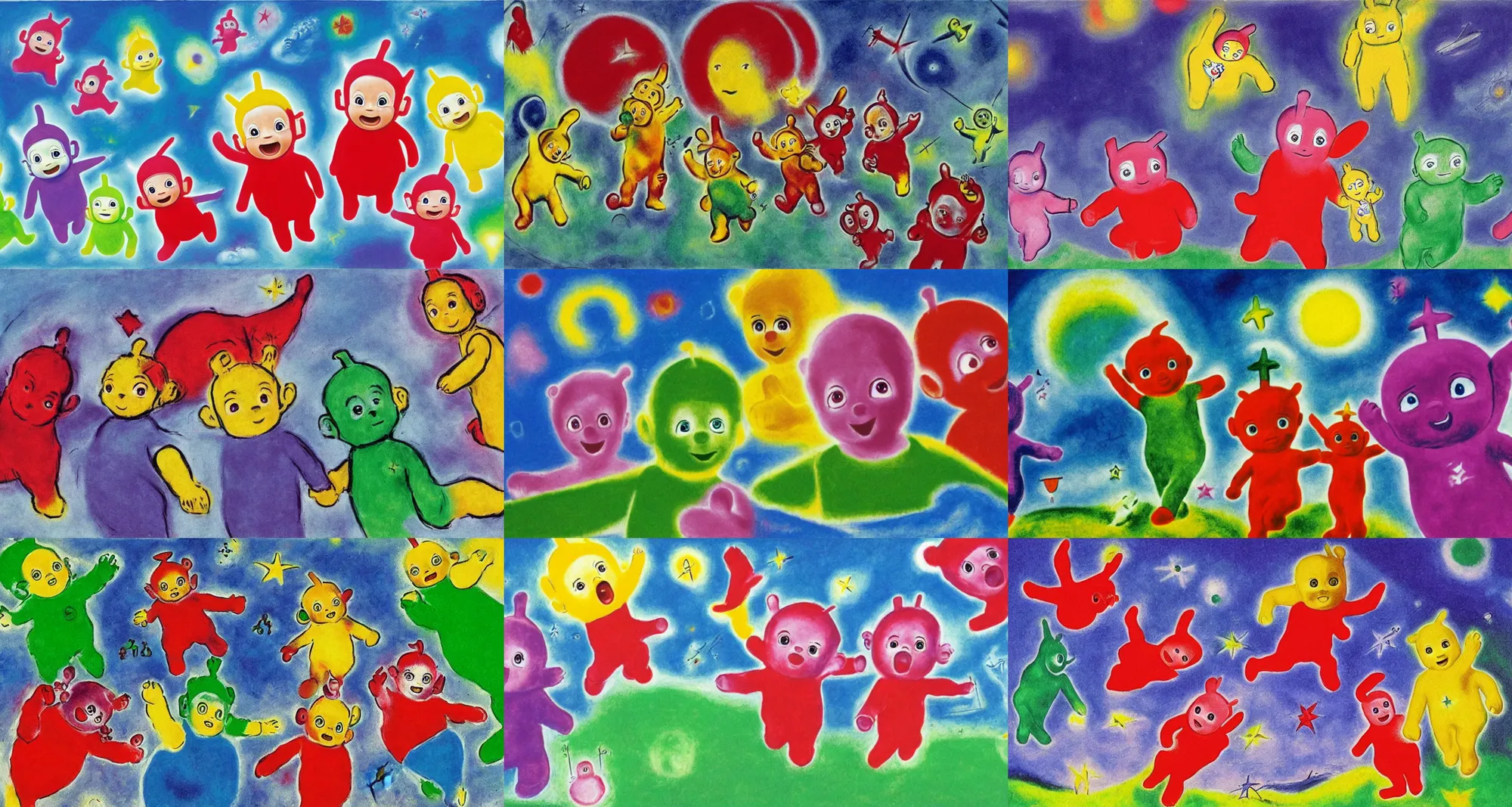 Prompt: Teletubbies flying a m-345. Artwork in the style of Marc Chagall, classical, famous