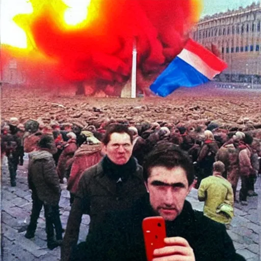 Prompt: the last selfie taken in russia red square, nuclear war, nuclear explosions, russian flag in flames, russian flag burning, terrible mutations and injuries, with a nuclear explosion next to it destroying everything in a second