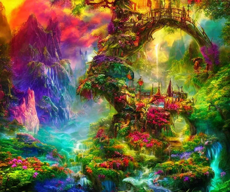 Prompt: a mystical wonderland, high fantasy, magical elements, vibrant colors, lush landscape