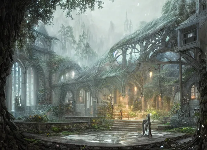 Prompt: Blacksmith building inside a beautiful elven city made of white marble, anime, lush trees, fountain, a fantasy digital painting by Greg Rutkowski and James Gurney, trending on Artstation, highly detailed