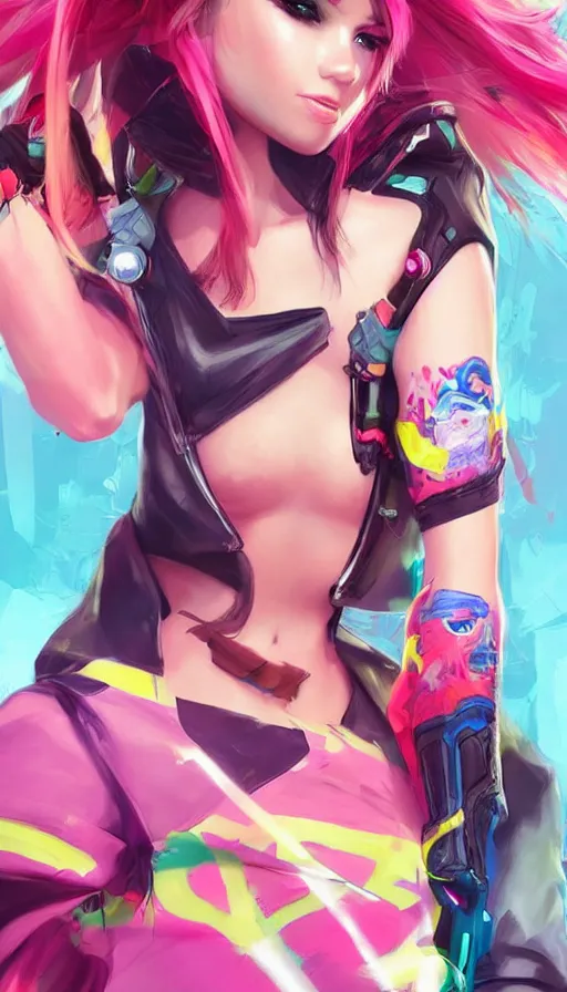 Prompt: concept art of female video game characters, streetwear, bright, fun, by marc brunet and artgerm