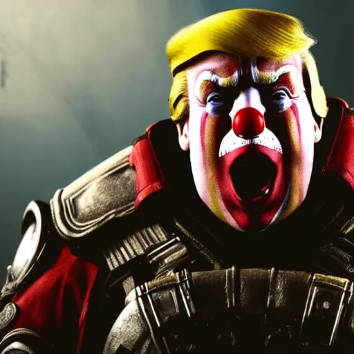 Image similar to portrait of donald trump as a clown in gears of war, splash art, movie still, cinematic lighting, ray tracing, octane render, long lens, shallow depth of field, bokeh, anamorphic lens flare, 8 k, hyper detailed, 3 5 mm film grain