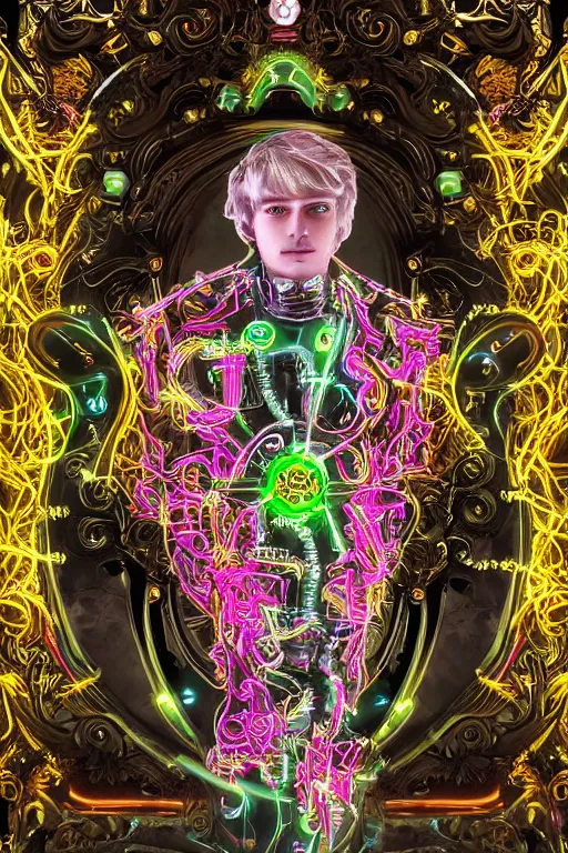 Image similar to full-body bladerunner neon baroque style sculpture of a young handsome Spanish prince as a half cibernetic android with a chest opening exposing circuitry and electric sparks, glowing laser beam eyes, crown of giant neon diamonds, flowing neon green colored silk, fabric, raptors. baroque elements. full-length view. mechanical gear neon flowers. intricate artwork by caravaggio. black screen panel for a face. Trending on artstation, octane render, cinematic lighting from the right, hyper realism, octane render, 8k, depth of field, 3D