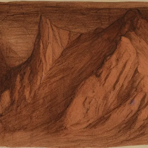 Prompt: a cross section of a mountain in the style of leonardo da vinci, red chalk on paper, national gallery