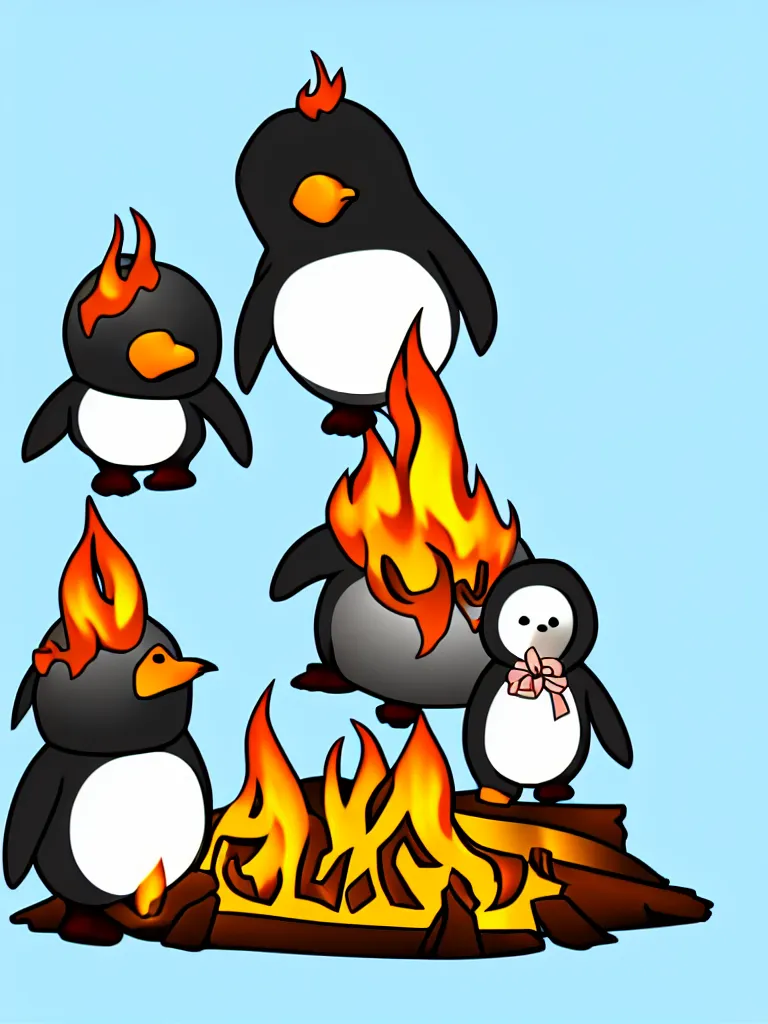 Prompt: vector graphic drawing of a two happy cute chibi penguins sitting around a campfire, artstation