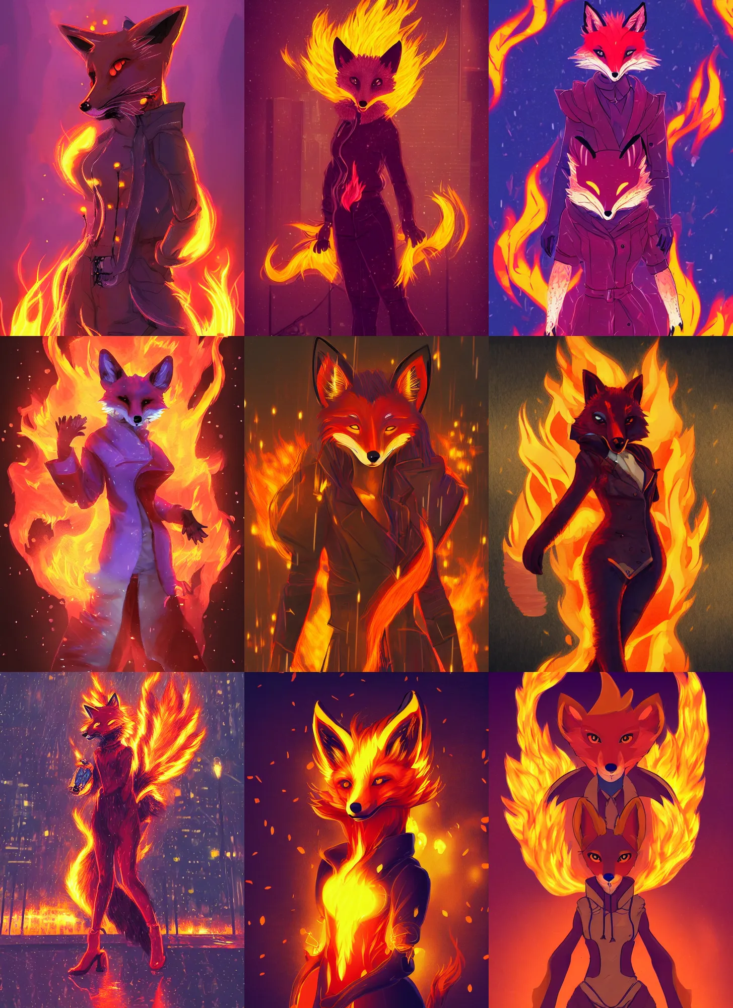 Prompt: aesthetic fox fursona portrait, commission of a female anthropomorphic fox on fire, fursona wearing cyberpunk stylish clothes standing in flames, city at night in the rain