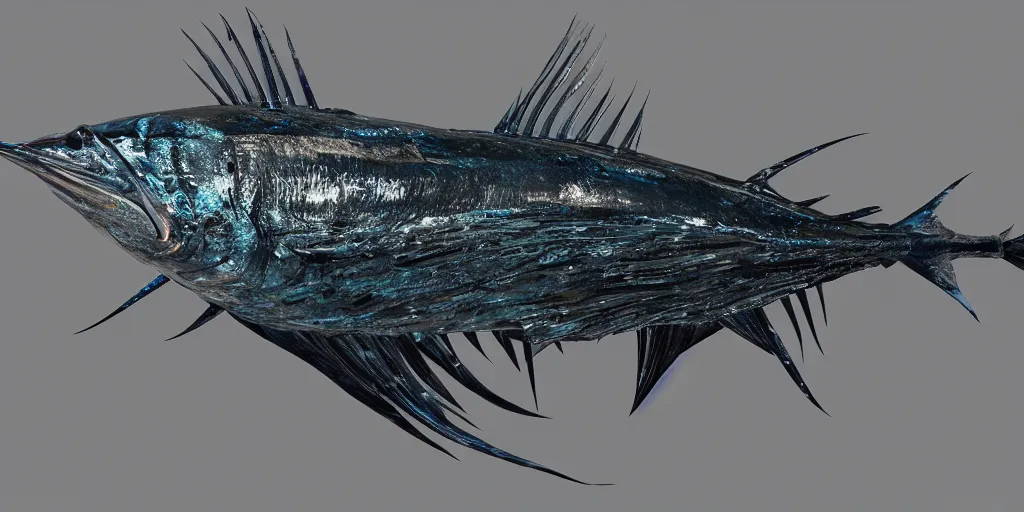 Image similar to sailfish, stylized layered textures, long flowing fins, bioluminescent orbs, 3 d render, substance painter, glowing eye, smooth, sharp focus, art by h r giger