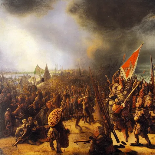 Prompt: an illustration depicting the Viking invasion of England, detailed, wide shot, oil on canvas, Rembrandt