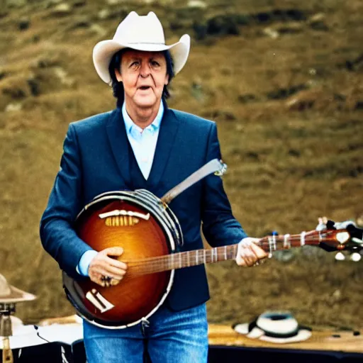 Prompt: Paul McCartney wearing a cowboy hat and playing the banjo, 8k, high definition, highly detailed, photo-realistic