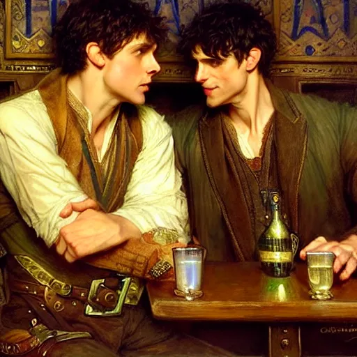 Image similar to attractive arthur pendragon and merlin go to a pub together to have some drinks. highly detailed painting by gaston bussiere, craig mullins, j. c. leyendecker, alphonse mucha 8 k