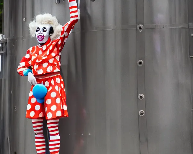 Image similar to clown girl android standing on a water tank