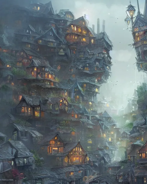 Image similar to a tiny miniscule town living on the thread of a spiders web, fantasy concept art, trending on art station, stunning visuals, creative, cinematic, ultra detailed