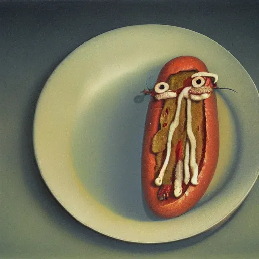 Prompt: a hotdog on a plate by beksinski, oil painting, high detail, 4 k, moody