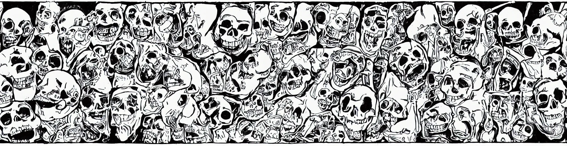 Prompt: film strip of a zany cartoon starring a skull, thick line work