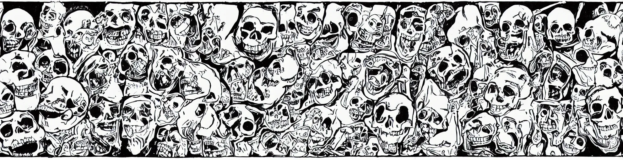 Image similar to film strip of a zany cartoon starring a skull, thick line work