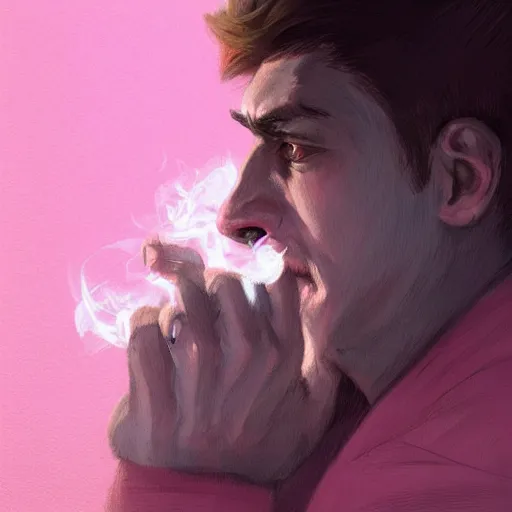 Image similar to portrait of wolf wearing pink shirt, smoking cigarette, digital painting, artstation, concept art, smooth, sharp focus, illustration, art by artgerm, james jean, jean giraud, edward hopper, gaston bussiere and greg rutkowski