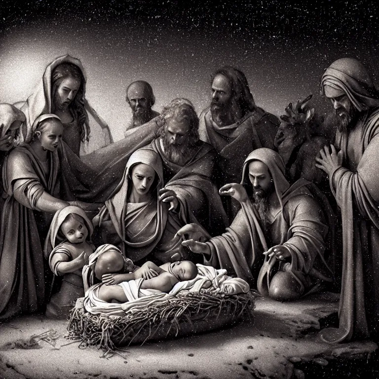 Image similar to ribbed abandoned closeup Nativity of Jesus creche crib birth of Jesus scene on exoplanet, baroque painting, standing in a desolate empty wasteland, creepy, nightmare, dream-like heavy atmosphere, surreal abandoned buildings, beautiful detailed intricate insanely detailed octane render trending on Artstation, 8K artistic photography, photorealistic, chiaroscuro, Raphael, Caravaggio, Beksinski, Giger