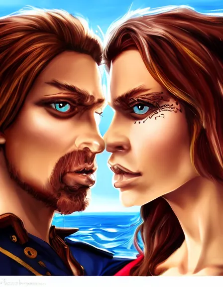 Image similar to couple in love. fully clothed armed female pirate captain, rachel wall, with a male pirate partner, sun, summer, blue eyes, beauty, wisdom, love, strength, knowledge, smart, portrait, symmetrical, highly detailed, digital painting, artstation, smooth, sharp focus, illustration, strength, art by felice house. 8 k