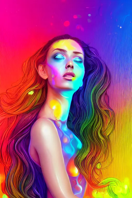 Image similar to a award winning half body portrait of a beautiful woman with stunning eyes in a croptop and cargo pants with rainbow colored ombre hairstyle head in motion and hair flying by thomas danthony, surrounded by whirling illuminated liquids and lines, outrun, vaporware, shaded flat illustration, digital art, trending on artstation, highly detailed, fine detail, intricate