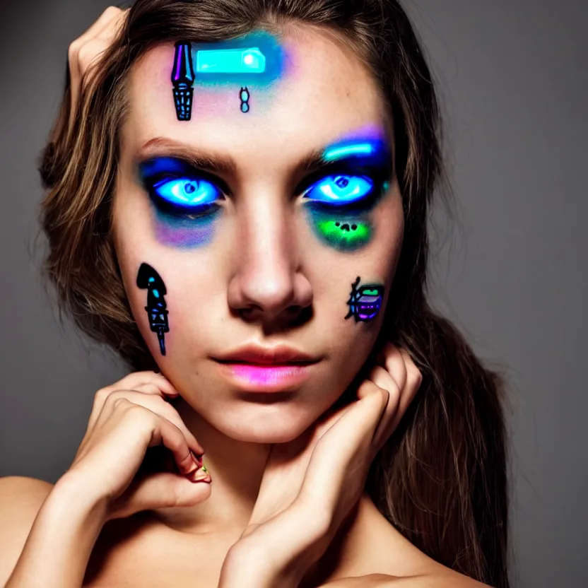 Image similar to the face of a beautiful cyborg woman with fluorescent tatoos