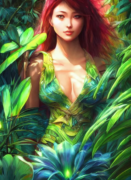 Prompt: A quetzal bird in a jungle glowing. beautiful fantasy art by By Artgerm and Hayao Miyazaki, trending on artstation.