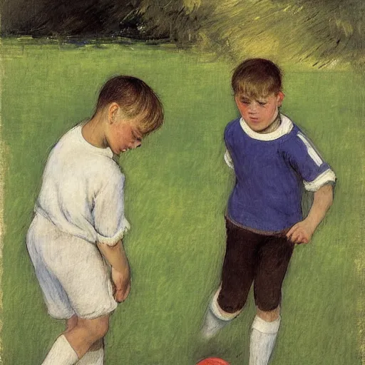 Prompt: Two boys playing football by the lake, by Mary Cassatt