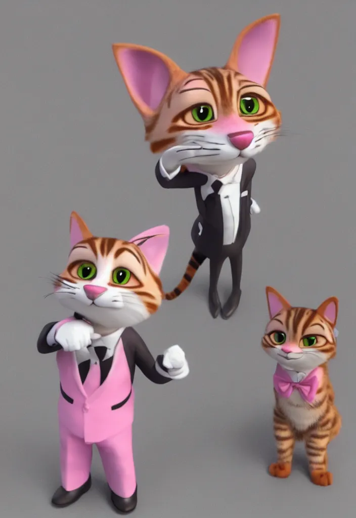 Prompt: 3d render , anthropomorphic male tabby cat,wearing a pink tux ,style of Zootopia, 8K HD Resolution, High quality image