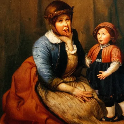 Prompt: the mother was great. she made even the giants look small. the giants were great. thou art tiny, like a little doll. dutch oil painting, extremely high quality