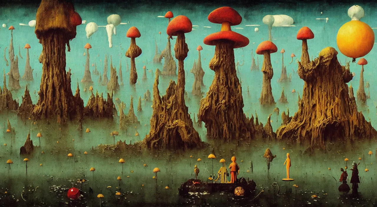 Image similar to single flooded simple!! ( lovecraftian ) toadstool tower anatomy, very coherent and colorful high contrast masterpiece by norman rockwell franz sedlacek hieronymus bosch dean ellis simon stalenhag rene magritte gediminas pranckevicius, dark shadows, sunny day, hard lighting