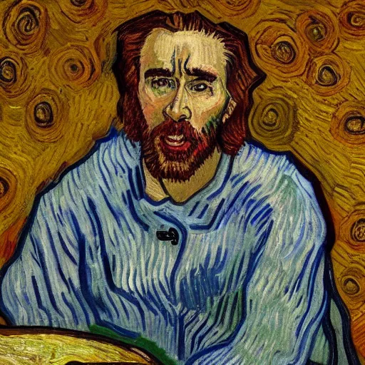 Image similar to nic cage in the last supper as painted by vincent van gogh