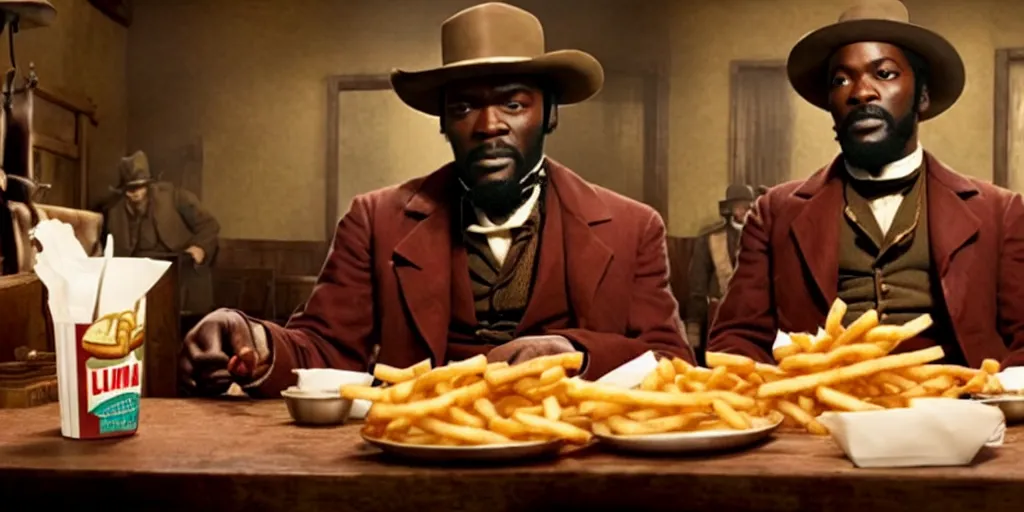 Image similar to Django unchained in Macdonald's eat cheeseburger and French fries