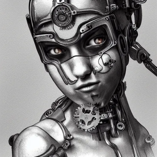 Prompt: cyborg girl, clockwork, springs, pistons, gears, wind - up parts, steampunk,, detailed study, realism, 1 6 f, focus on the girl, cute face, innocent, intrude, elegant, highly detailed, sharp focus, illustration, art by giger