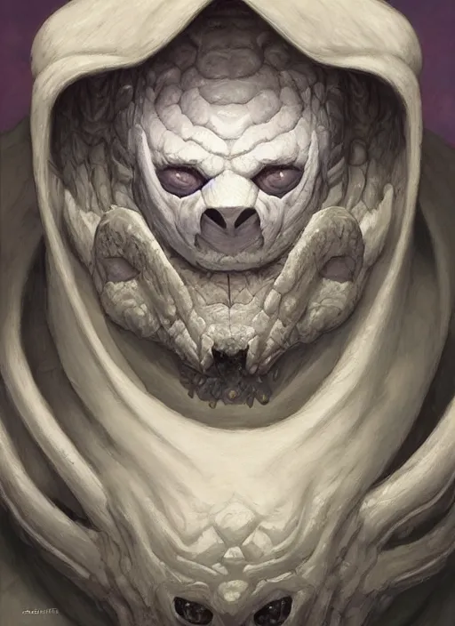 Image similar to pand bear mf doom reptile eyes, white furry skin. intricate, elegant, highly detailed, centered, digital painting, artstation, concept art, smooth, sharp focus, illustration, artgerm, tomasz alen kopera, peter mohrbacher, donato giancola, joseph christian leyendecker, wlop, frank frazetta