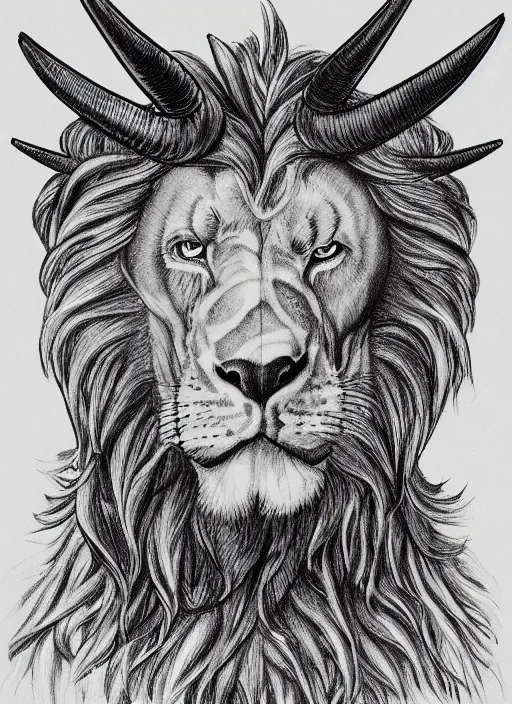 Image similar to a mighty strong creature with the body and eyes of a man, with the beak of an eagle, the mane of a lion and the horns of an ox. drawn by boris val