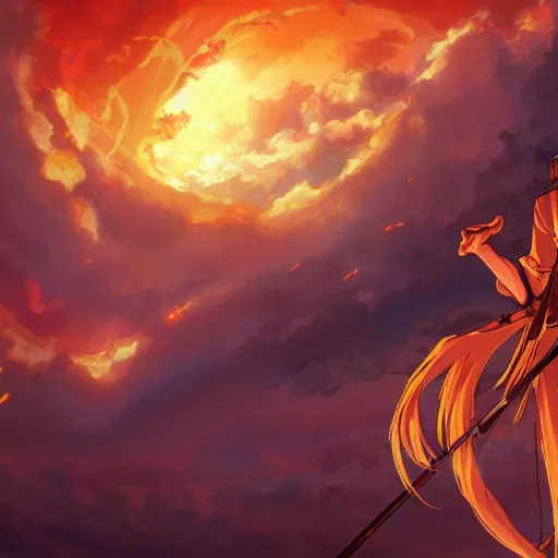 Image similar to a beautiful ultradetailed anime illustration of a man in Biblical clothing flying in the sky on his fiery chariot, desert background chariot on fire, horses on fire by makoto shinkai, anime wallpaper 4k, prismatic