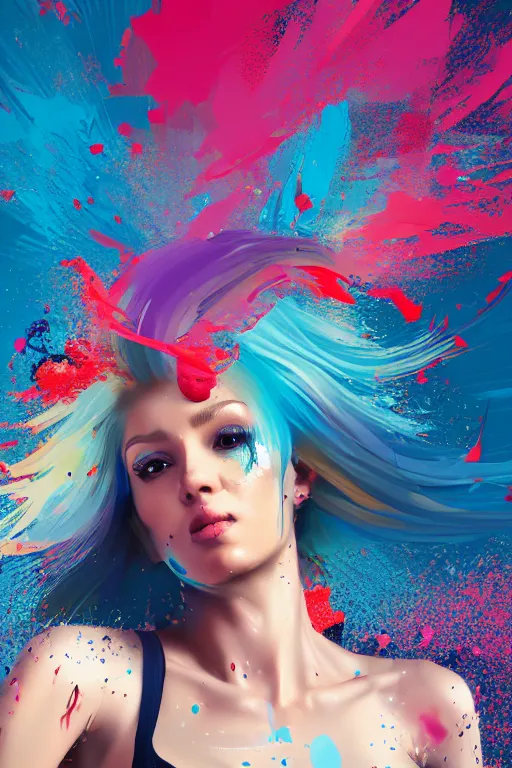 Image similar to a award winning half body portrait of a beautiful woman in a croptop and cargo pants with ombre navy blue teal hairstyle with head in motion and hair flying, paint splashes, splatter, outrun, vaporware, shaded flat illustration, digital art, trending on artstation, highly detailed, fine detail, intricate