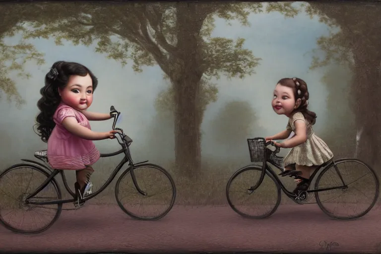 Prompt: highly detailed matte painting of a chubby little girl riding a bicycle by mark ryden, lowbrow, 8 k resolution.