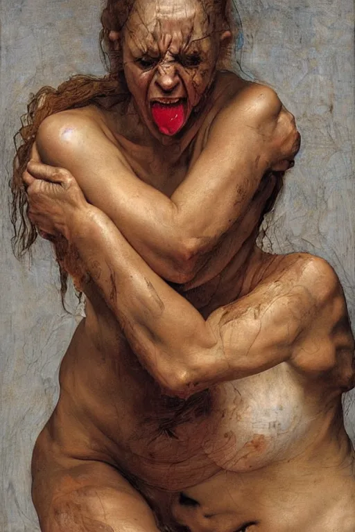 Prompt: a woman enraged, part by Jenny Saville, part by Leonardo da Vinci