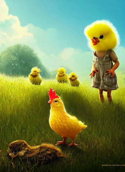 Image similar to a hen and her two cute small yellow chicks on a meadow, mama movie poster by nuri iyem, james gurney, james jean, greg rutkowski, anato finnstark. pixar. hyper detailed, 5 0 mm, award winning photography, perfect faces