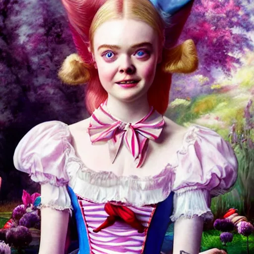 Prompt: a striking hyper real painting of Elle Fanning in Alice in Wonderland