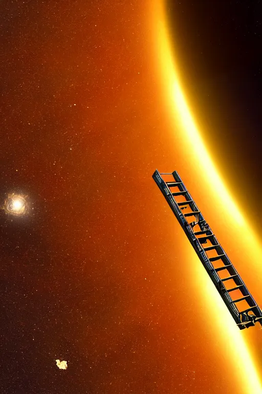 Image similar to a ladder stretching from Earth to the sun, viewed from space, cinematic lighting, 8k, science fiction